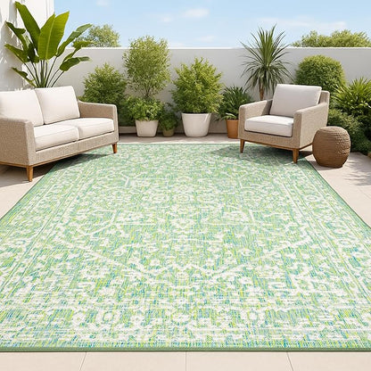 JONATHAN Y Boho Medallion Indoor Outdoor Area Rug 5X8 Cream/Green, Malta Textured Weave for Backyard, Patio, Porch, Easy-Cleaning, High Traffic, Pet-Friendly, Non-Shedding (SMB104F-5)