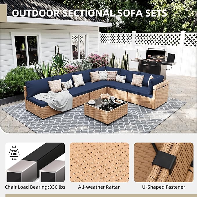 UPHA 7 Pieces Patio Furniture Sets Outdoor Sectional Sofa Wicker Conversation Couch for Decks, Backyards, Gardens, Yellow Rattan, Navyblue Cushion