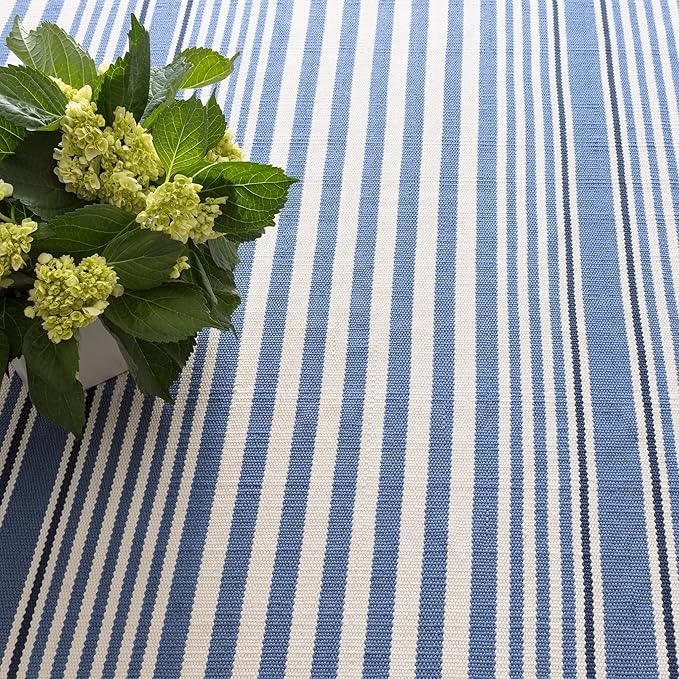 Dash & Albert Rugby Stripe Denim Handwoven Indoor/Outdoor Rug, 2.5 X 12 Feet, Blue Stripe Pattern