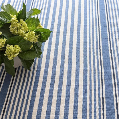 Dash & Albert Rugby Stripe Denim Handwoven Indoor/Outdoor Rug, 2.5 X 12 Feet, Blue Stripe Pattern