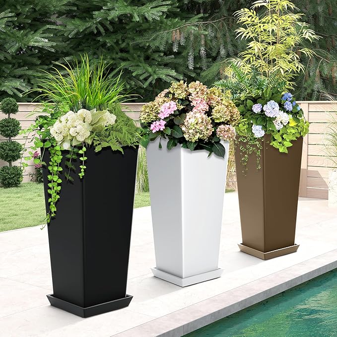 24-Inch Tall Planters Set of 2 for Outdoor and Indoor Use, Tapered Flower Pots with Drainage Tray, Front Porch and Patio Decor, Ideal for Large Plants – Black