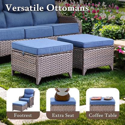 Luxury High Back Outdoor Furniture with 6-inch Extra Thick Cushions, Patio Furniture Set with Swivel Chairs, 8 PCS Wicker Conversation Set for Yard, Deck, Poolside, Brown/Blue
