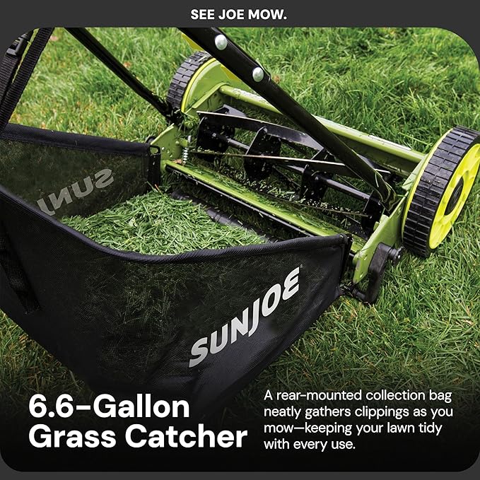 Sun Joe Lawn Mower, 16 Inch Manual Reel Push Behind Machine, Outdoor Equipment with Removable Grass Catcher and Adjustable Cutting Height