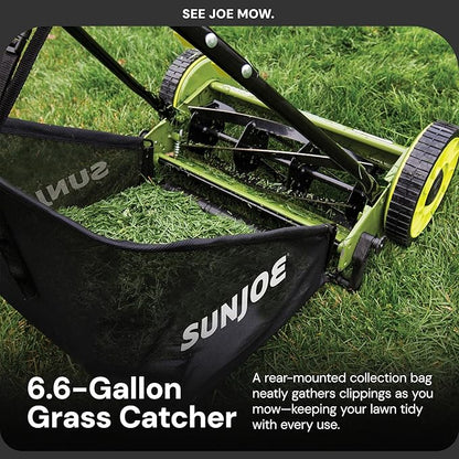 Sun Joe Lawn Mower, 16 Inch Manual Reel Push Behind Machine, Outdoor Equipment with Removable Grass Catcher and Adjustable Cutting Height