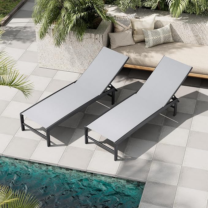 Crestlive Products Chaise Lounge Chair Outdoor Set of 2, Adjustable 5 Positions Pool Tanning Recliner, Outdoor Lounge Furniture Perfect for Patio, Beach, Yard, Pool