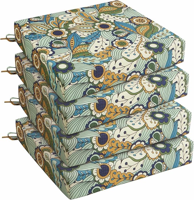 UNIKOME Outdoor Chair Cushions Pack of 4, Water Resistant Patio Cushions with Ties, High Density Sponge Filling Square Corner Seat Cushions for Outdoor Furniture, 19"*19"*3", Sun Flower