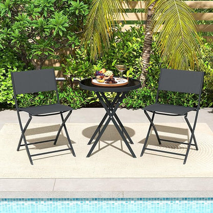 Tangkula 3 Piece Folding Bistro Set, Patio Dining Furniture with Breathable Fabric Seat & Tempered Glass Tabletop, Outdoor Metal Frame Table & Chairs Set for Backyard, Garden, Balcony