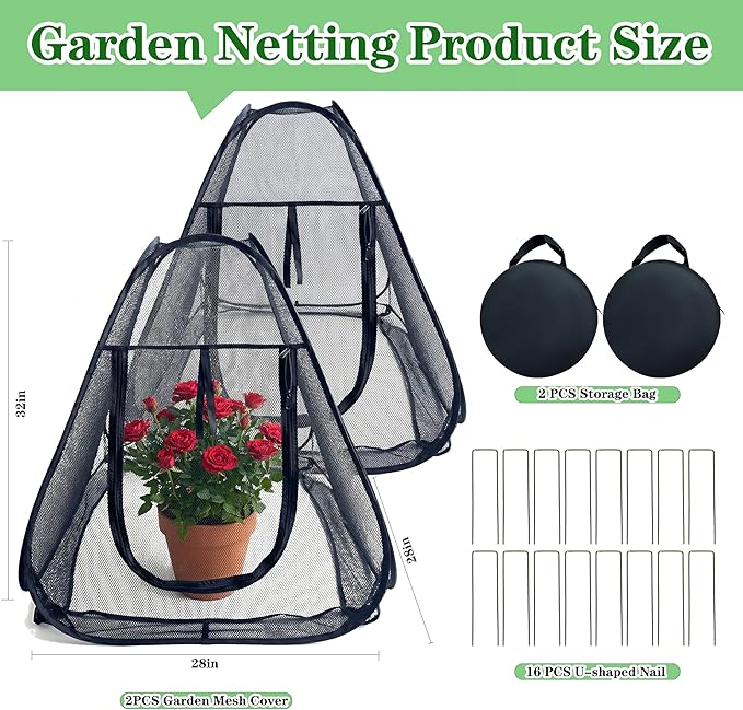 2PCS Pop-Up Garden Netting Protector with 2 Storage Bags & 16 U-Shaped Nails, 28"x28"x32" Plant Shade Tent， Mesh Plant Cover from Animals for Vegetables Fruits Flowers
