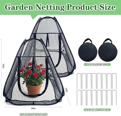 2PCS Pop-Up Garden Netting Protector with 2 Storage Bags & 16 U-Shaped Nails, 28"x28"x32" Plant Shade Tent， Mesh Plant Cover from Animals for Vegetables Fruits Flowers