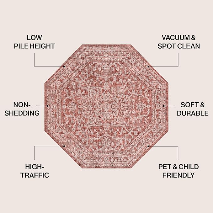 JONATHAN Y Boho Medallion Indoor Outdoor Octagon Area Rug 5 Ft Red/Taupe, Malta Textured Weave for Backyard, Patio, Porch, Easy-Cleaning, High Traffic, Pet-Friendly, Non-Shedding (SMB104A-5TGN)