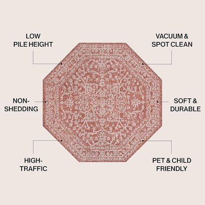 JONATHAN Y Boho Medallion Indoor Outdoor Octagon Area Rug 5 Ft Red/Taupe, Malta Textured Weave for Backyard, Patio, Porch, Easy-Cleaning, High Traffic, Pet-Friendly, Non-Shedding (SMB104A-5TGN)