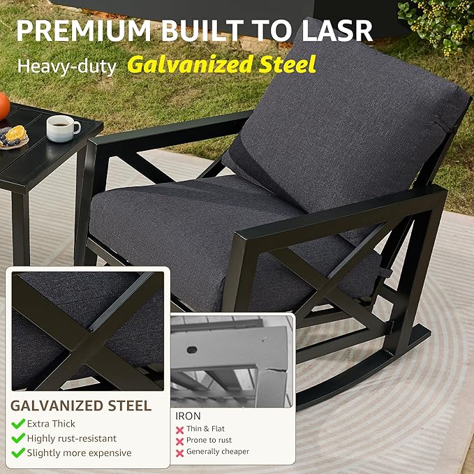 NATURAL EXPRESSIONS Patio Rocking Bistro Set, 3 Piece Outdoor Conversation Furniture Set with 2 Rockers and 1 Metal Coffee Table with Thick Cushions,2 Pack Patio Chair Covers Included