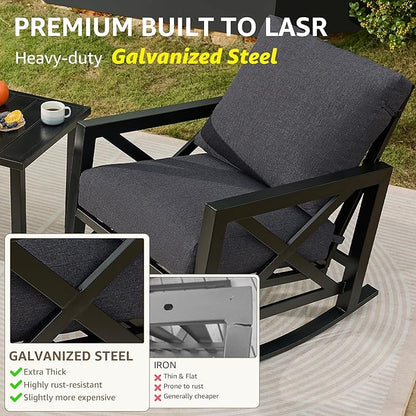 NATURAL EXPRESSIONS Patio Rocking Bistro Set, 3 Piece Outdoor Conversation Furniture Set with 2 Rockers and 1 Metal Coffee Table with Thick Cushions,2 Pack Patio Chair Covers Included