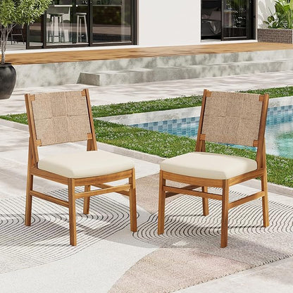 Christopher Knight Home Alan Outdoor Dining Chairs Set of 2, Wicker Woven Back Dining Chairs, Cushion Armless Chair, Hourglass Shaped Design Back, Acacia Wood Chair for Poolside Garden, Teak+Cream
