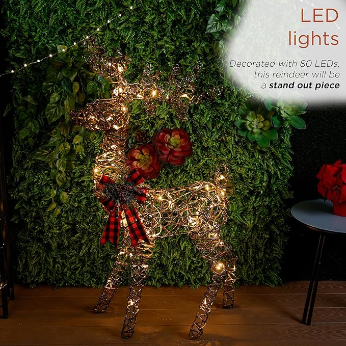 Alpine Corporation 49" Rattan Standing Reindeer Statues with Ribbon and LED Lights, Christmas Decor