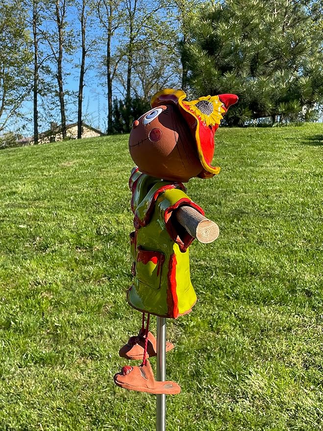 Ceramic Garden Decor - Scarecrow Lawn stake - Outdoor statue - Perfect, unique gifts for gardeners woman, men, yard gifts - Handmade, Frostproof