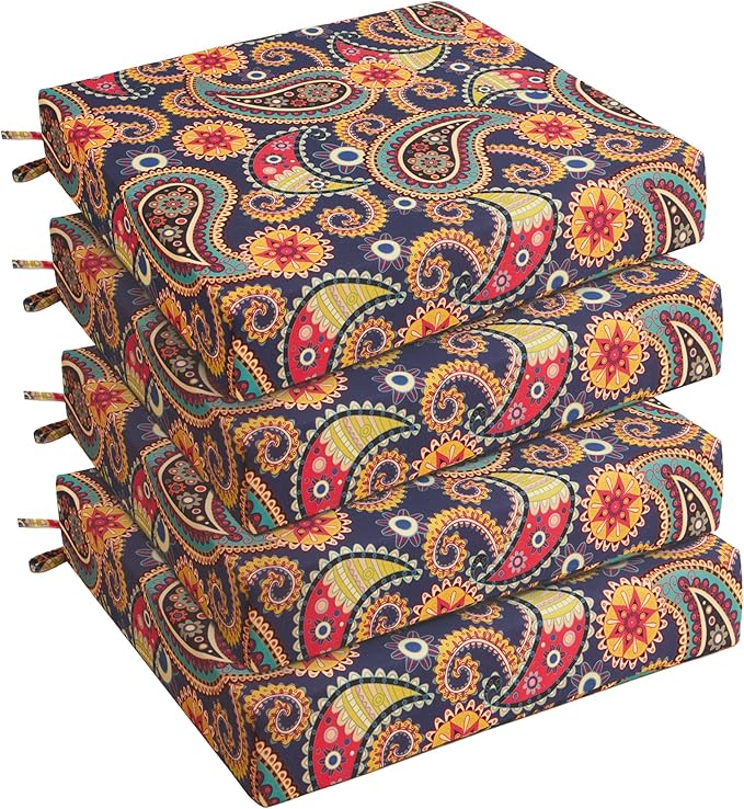 UNIKOME Outdoor Chair Cushions Pack of 4, Water Resistant Patio Cushions with Ties, High Density Sponge Filling Square Corner Seat Cushions for Outdoor Furniture, 24"*24"*4", Palmira Paisley