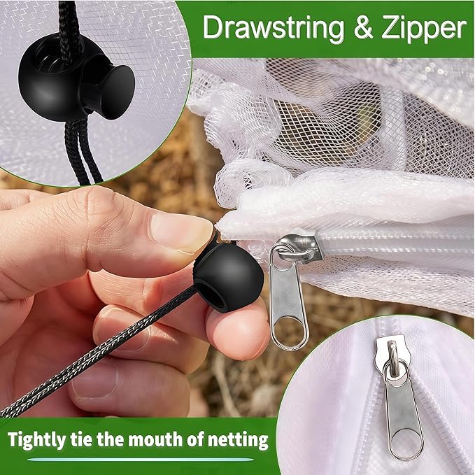 Drawstring & Zipper Fruit Tree Netting Cover - 2 Pack 8×6.6FT - Reusable Bird Netting for Blueberry Bushes, Anti-Cicada/Deer/Squirrel Large Plant Protection Net
