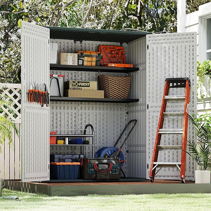 EHHLY Vertical Resin Storage Shed with 2 Shelves, 60 Cuft Garden Tool Sheds & Outdoor Storage, Plastic Outdoor Storage Cabinet Waterproof, 4.5 x 2.3 ft Outside Lawn Mower Storage Shed, Light Grey