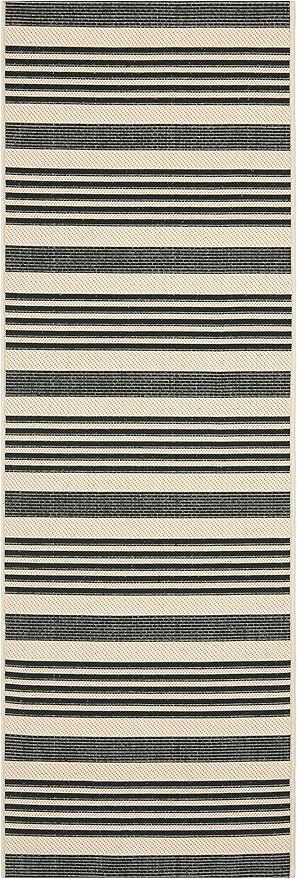 SAFAVIEH Courtyard Collection 2'3" x 22' Black/Bone CY6062 Stripe Indoor/ Outside Waterproof Easy cleansingPatio Backyard Mudroom Runner Mat