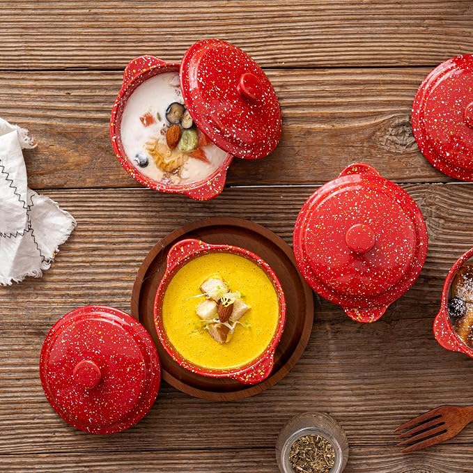4-Pack 10 Oz Ceramic Mini Cocotte Set with Lids & Handles, Oven-Safe Stoneware Ramekins for Soufflé, Soup, Cobbler, Individual Baking & Serving,Red