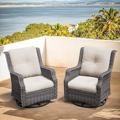 Swivel Patio Chair Outdoors - 360 Degree, Set of 2, Glider Chair with 3.5" Olefin Fabric Cushions (Mixed Grey Rattan/Beige)