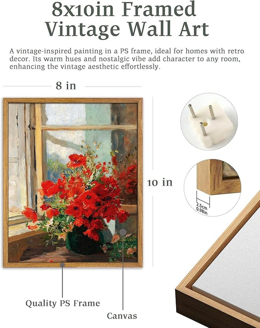 UPWOIGH 8x10 in Framed Wall Art, Red Poppies by the Window Oil Painting Canvas, Vintage Farmhouse Rustic Decor, Red Flowers Print, Antique Wall Decor for Living Room Bedroom, 1 Pack Gift