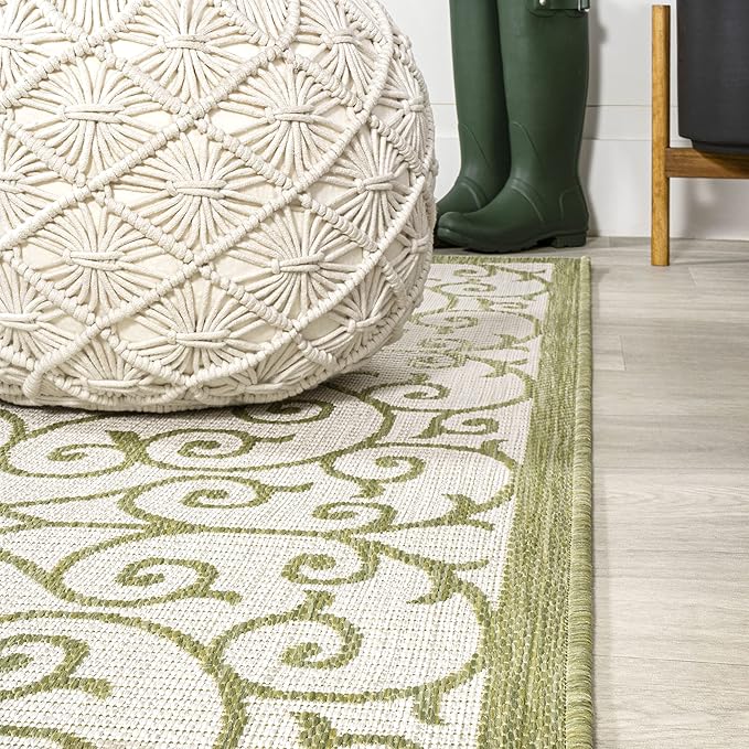 JONATHAN Y Vintage Filigree Indoor Outdoor Runner Rug 2X8 Green/Cream, Madrid Textured Weave for Backyard, Patio, Porch, Easy-Cleaning, High Traffic, Pet-Friendly, Non-Shedding (SMB107H-28)