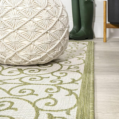JONATHAN Y Vintage Filigree Indoor Outdoor Runner Rug 2X8 Green/Cream, Madrid Textured Weave for Backyard, Patio, Porch, Easy-Cleaning, High Traffic, Pet-Friendly, Non-Shedding (SMB107H-28)