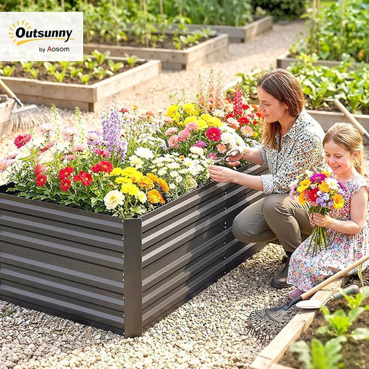 Outsunny Galvanized Raised Garden Bed Kit with Reinforcing Bars, Large and Tall Metal Planter Box for Vegetables, Flowers and Herbs, 6' x 3' x 2', Dark Gray