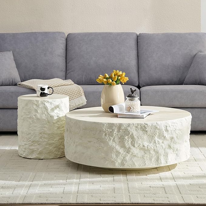 kevinplus Round Side Table End Table for Living Room, Modern Contemporary Faux Stone Style Fiberglass Material, No Assembly (Beige, ø15.7'' x 17.7'')