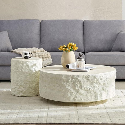kevinplus Round Side Table End Table for Living Room, Modern Contemporary Faux Stone Style Fiberglass Material, No Assembly (Beige, ø15.7'' x 17.7'')