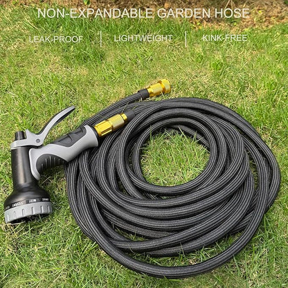 Garden Hose Non-Expandable 100 ft, Lightweight Flexible Water Hose with 10 Function Spray Nozzle, Outdoor Leak Proof, Kink-Free, Portable Hose for Yard, Lawn, Camper, High-Density Fabric, Black Grey