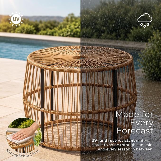 Furniture of America Ysar Boho Rattan Round Coffee Table Outdoor with Metal Frame, All-Weather and Rust Resistant, Handcrafted Coastal Furniture for Patio, Poolside, Garden, Yard, Black