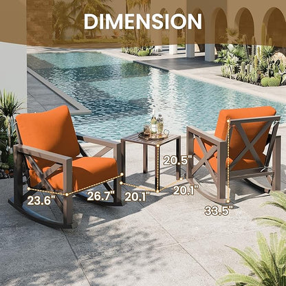 UDPATIO Rocking Chair Outdoor Set 2 with Coffee Table, 3 Piece Metal Rocking Bistro Set with 6.5" Water-Resistant Cushions, Oversized, 350lbs Heavy-Duty, for Porch, Patio, Balcony, Orange