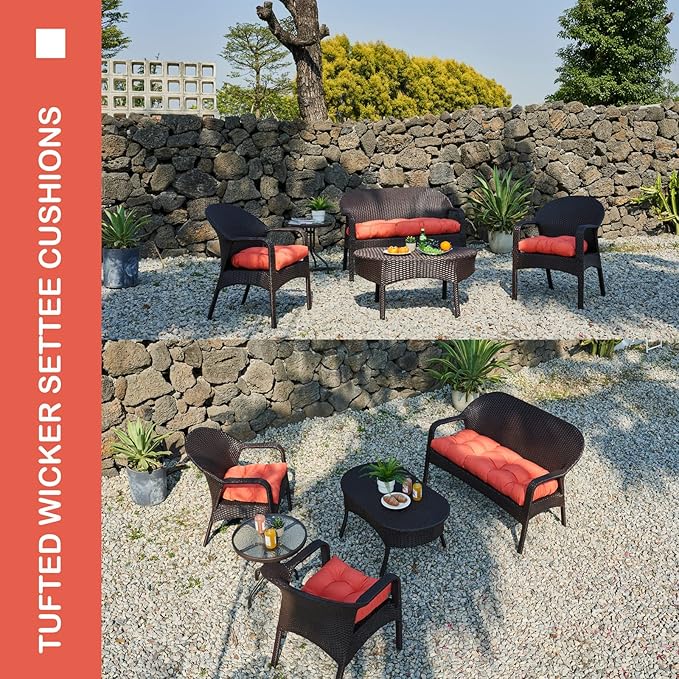 Outdoor/Indoor All Weather Tufted Wicker Chair Cushions of 3 Pieces, 1 Loveseat and 2 U-Shape Waterproof Cushions for Patio Furniture,Wicker Loveseat,Bench-Orange