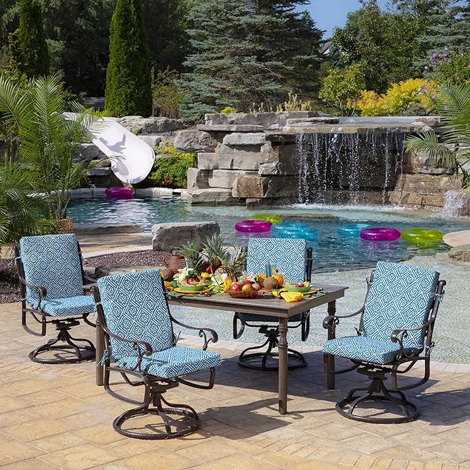 Arden 4-Pack Outdoor Patio Dining Chair Cushion, 20x44, Rain-Proof Seat Pad, Fade-Resistant Outdoor Cushion Amalfi Blue Tile