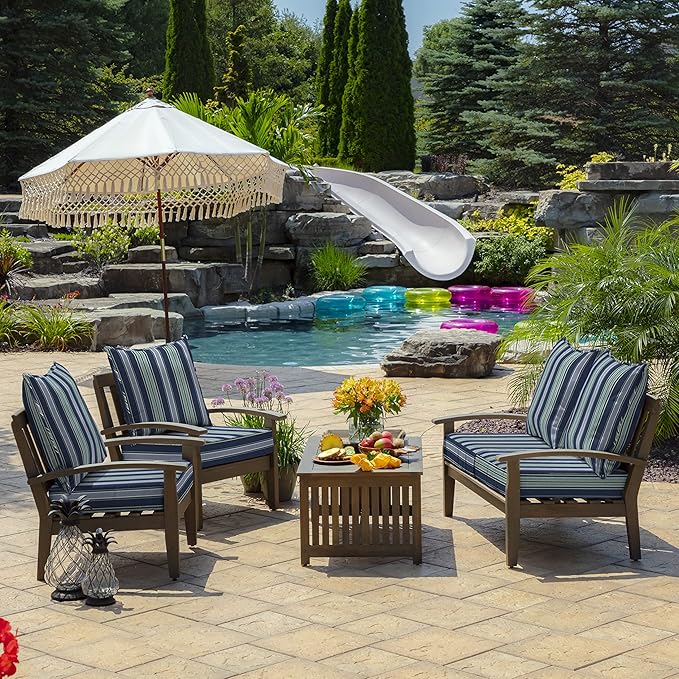 Arden Outdoor Foam Deep Seat Cushion Set (4-Pack), 24x24, Premium High-Density Foam, Never Flattens, Weather-Proof for Patio Chair Sofa Couch, Sapphire Aurora Blue Stripe