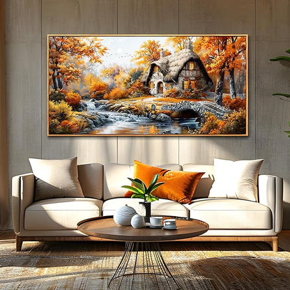 QIYILEXWART Canvas Wall Art For Living Room Large Wall Decor For Office Bedroom Decorations Autumn Cottage River Landscape Pictures Farmhouse Painting Artwork Room Wall Mural Aesthetic Home Decor 30x60 In
