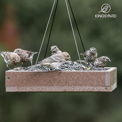 Kingsyard WPC Composite Platform Bird Feeder for Outside, Heavy Duty Hanging Tray for Mealworms & Seeds, 3.5 lbs Large Capacity, Weatherproof Recycled Plastic Material, Easy to Clean, Brown