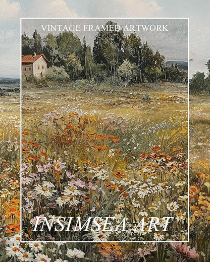 InSimSea Extra Large Framed Vintage Wall Art, Living Room Country Farmhouse Decor, Wildflower Meadow Landscape Canvas Prints, Retro Cottage Long Pictures for Bedroom Above of Bed, 20x40inch