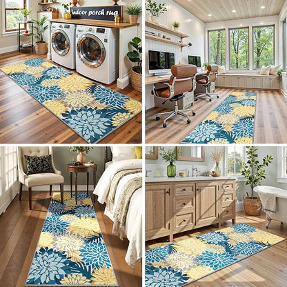 Colorful 2x6 Washable Runner Rug for Hallway Tropical Botanical Modern Floral Chenille Kitchen Rugs Low Pile Non Slip Carpet for Patio, Bedroom, Laundry, Ocean Dahlia