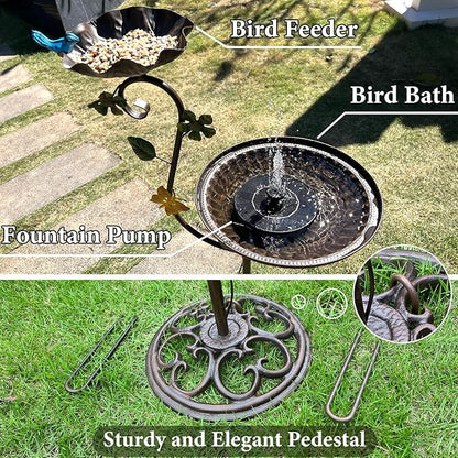 Bird Baths for Outdoors with Solar Fountain, 44" Tall Cast Iron Pedestal Bird Bath and Feeder, Vintage Sturdy Heavy Duty Birdbath Bowl, Decorative Birdbaths for Outside Garden Yard Porch