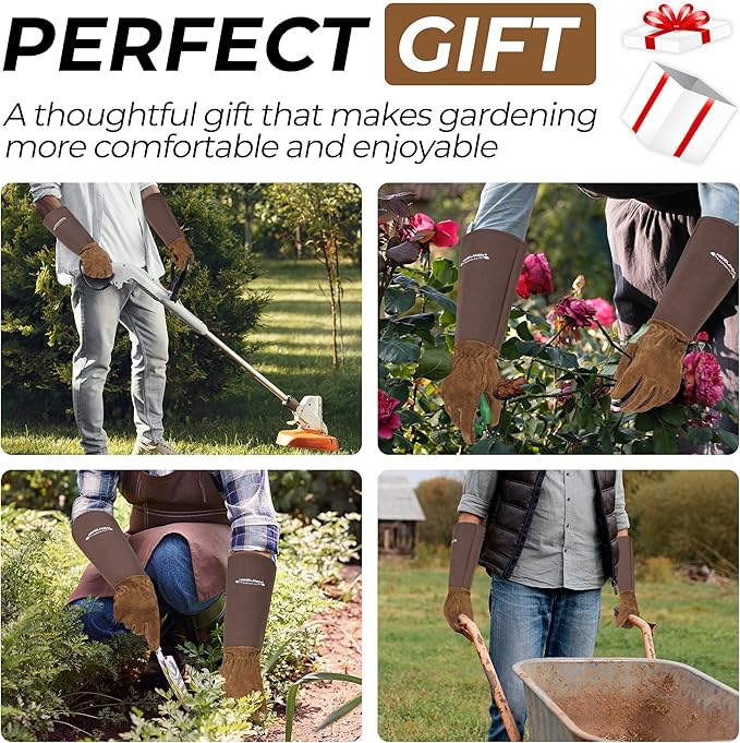 HLDD HANDLANDY Long Gardening Gloves for Women Men - Leather Rose Pruning Gloves Thorn Proof - Breathable Working Glove