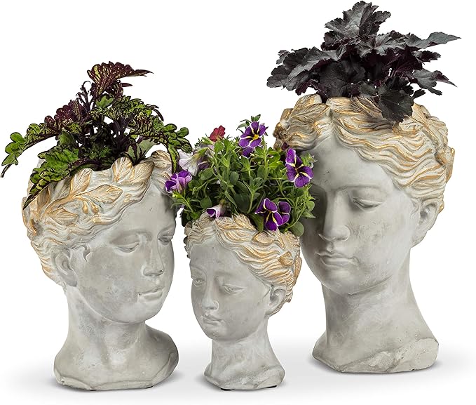 Abbott Collection Aphrodite Head Planter – Large Indoor and Outdoor Planter Pots - Whimsical Woman Statue Head Planter for Flowers and Succulents (Grey/Gold, 10" Tall, 4.5" Opening)