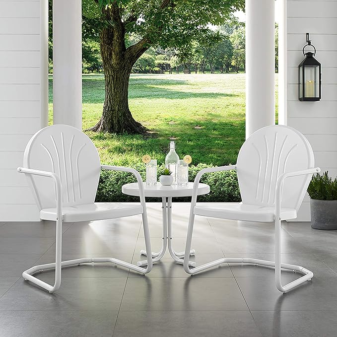 Crosley Furniture Griffith 3-Piece Outdoor Chair and Side Table Set, Retro Metal Bistro Patio Sets for Porch, White