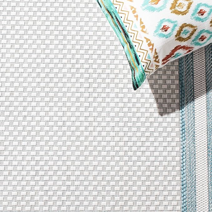 SAFAVIEH Washable Rug Outdoor Courtyard Collection - 6'7" x 9'6", Ivory & Aqua Blue, Non-Shedding & Easy Cleaning, Ideal for Patio, Backyard, Mudroom (CY8475-53612)