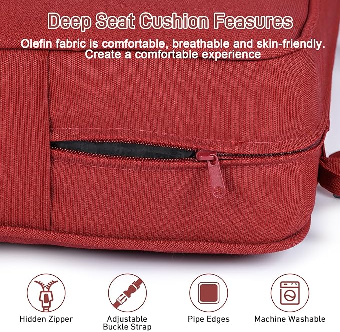 Aoodor Outdoor Chair Cushion, 23 x 26 Inch Water-Resistant, Fade-Resistant Olefin Fabric Patio Seat Cushions with Removable Cover and Adjustable Straps for Outdoor Furniture, Set of 2, Red