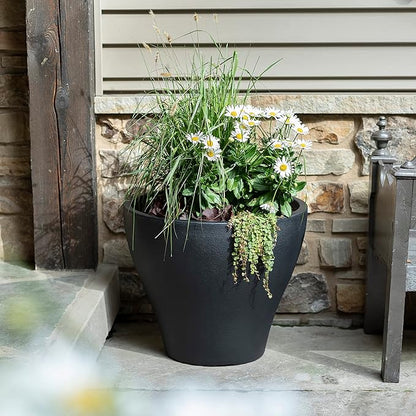 Step2 Fernway Round Planter, Large Planters for Outdoor Plants, Gardening and Flower Pot for Patio or Porch, Efficient Drainage, Durable Plastic, Onyx Black, 1-Pack