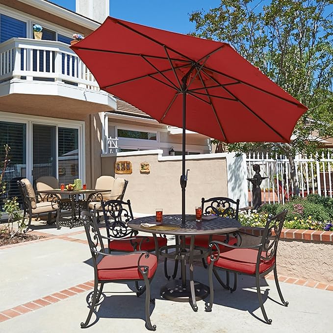 California Umbrella 7.5' Round Aluminum Outdoor Deck, Pool or Patio Umbrella, Crank Lift, Auto Tilt, Bronze Pole, Red